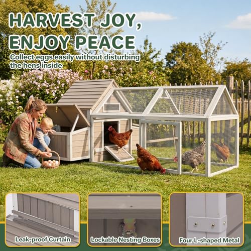 83'' Large Chicken Coop Outdoor with Run, Wooden Chicken Coops with Two Nesting Boxes, Pull-Out Trays, 4 Perches for Backyard, Poultry Cage House with Ramp for Hen, Bunny, Duck, Grey - size: 82.9"L x 57.9"W x 39.4"H