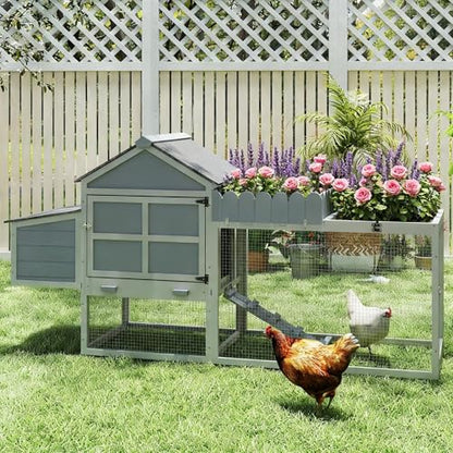 COZIWOW Outdoor Chicken Coop, Wooden Hen House with Nesting Box, Run, Resting Room, Ramp, Pull-Out Tray, Weatherproof, Patio Garden Pen Hutch for Ducks Poultry Pets, Easy to Clean, Gray (Plant Fence)