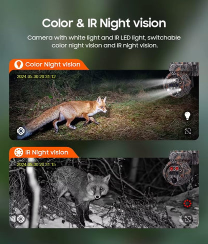 6MP Camouflage Hunting Solar Security Camera with 12x Zoom Dual Lens, Two-Way Audio, PIR Motion Activation, Suitable for Hunting Reconnaissance, Ranch Monitoring Security Monitoring