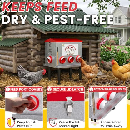 10-Gal 55LB Metal Chicken Feeder with Window, Dual No-Waste Design, Automatic Large Chicken Feeder for Outdoor Coops, Rust-Proof Alloy Steel Poultry Feeder with Adjustable Legs (Red)