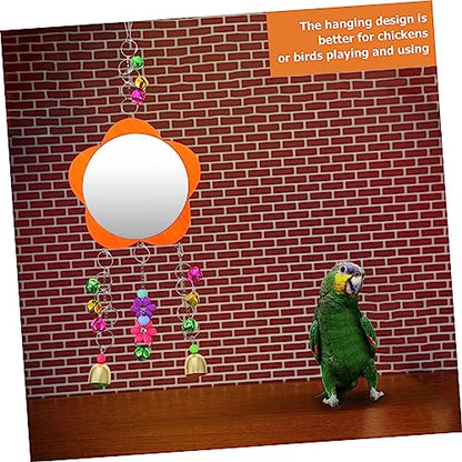 LIOOBO 1Pc Hens Mirror with Bells Chicken Mirror Toy Hanging Rooster Mirror for Birds Acrylic and Wood Fun Cage Decoration for Chickens and Pets