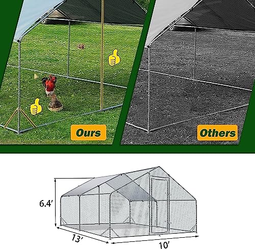 Large Metal Chicken Coop Walk-in Poultry Cage Heavy Duty Chicken Runs Hen House for Yard with Waterproof and Anti-UV Cover for Outdoor Farm Use(10’ W x 13’ L x 6.5’ H) - size: 13.1' L x 9.8' W x 6.4' H