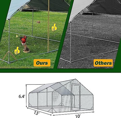 Large Metal Chicken Coop Walk-in Poultry Cage Heavy Duty Chicken Runs Hen House for Yard with Waterproof and Anti-UV Cover for Outdoor Farm Use(10’ W x 13’ L x 6.5’ H) - size: 13.1' L x 9.8' W x 6.4' H