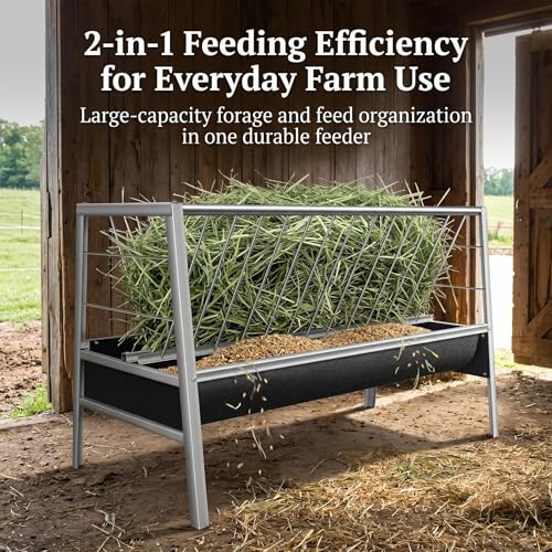 77 Gallon Hay Feeder, Stainless Steel Goat Feeder for Goats Sheep Calves and Horses, Anti-Waste Goat Feeder with Rubber Trough Livestock Feeder