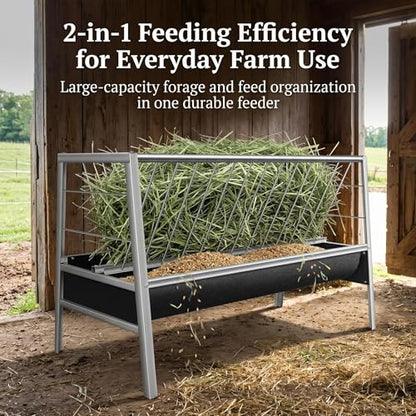 77 Gallon Hay Feeder, Stainless Steel Goat Feeder for Goats Sheep Calves and Horses, Anti-Waste Goat Feeder with Rubber Trough Livestock Feeder