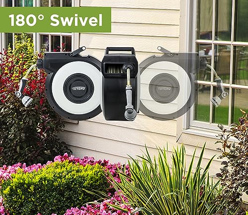 Tuyeho Heavy-Duty Automatic Retractable Garden Hose Reel 130FT Wall Mount | Automatic Rewind, Any Length Lock, 2 Nozzle, Rustproof, Easy Install, Garden Watering, Car Wash, Pet Shower,Lifetime Service - size: 1/2" 130FT