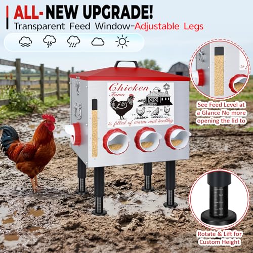 50Lb Automatic Chicken Feeder with Window 10 Port No Waste Rust-Proof Galvanized Steel with Locking Lid & Adjustable Height Legs Waterproof Portable Poultry Feeder for Chickens,Ducks,Geese - size: 50LB