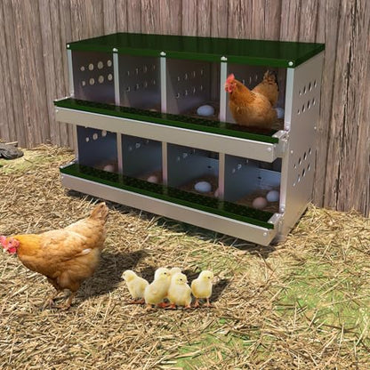 Chicken Nesting Box, 8 Compartment Roll Away Laying Box for Hens, Heavy-Duty Galvanized Steel, Front Egg Collection Tray, 8 Training Eggs Included - color: Green, size: 8 Compartments & 8 Eggs
