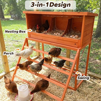 Wooden Chicken Nesting Box with 3 Compartments, 3-in-1 Chicken Coop Box with Swing Ladder & Perch, Asphalt Roof Laying Box for Hens, Ducks & Poultry