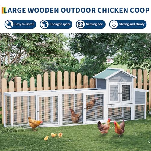 122'' Large Wooden Chicken Coop, Outdoor Chicken Cage with Sloped Asphalt Roof, Sliding Tray & Nesting Box, Weather-Resistant Poultry Cage for 4-6 Hens