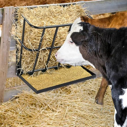 2-in-1 Wall Mounted Hay Feeder with Detachable Grain Tray - Heavy Duty Steel Hay Rack for Goats, Sheep, Horses - Large Capacity Livestock Feeder, Rust Proof, Space Saving Design for Indoor & Outdoor U