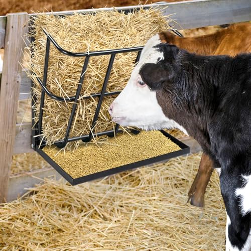 Heavy Duty 2-in-1 Hay and Grain Feeder for Livestock – Detachable Tray Design, Wall Mountable Steel Hay Rack for Goats, Sheep, Horses