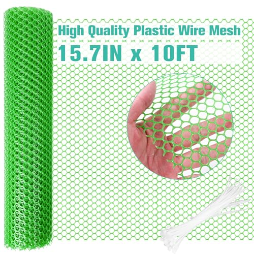 Plastic Mesh Fence Sheet 15.7IN x 10FT - 0.3IN Opening Plastic Chicken Wire Netting Roll Durable for Dogs, Poultry, Puppy, Garden Snake Barrier with 50 Pcs Zip Ties - Green - color: Green, size: 15.7IN x 10FT + 50Ties