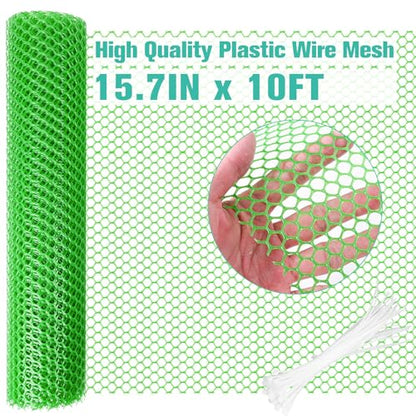 Plastic Mesh Fence Sheet 15.7IN x 10FT - 0.3IN Opening Plastic Chicken Wire Netting Roll Durable for Dogs, Poultry, Puppy, Garden Snake Barrier with 50 Pcs Zip Ties - Green - color: Green, size: 15.7IN x 10FT + 50Ties