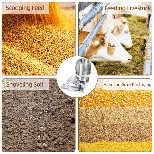 3 Pack Galvanized Feed Scoop Set, Heavy Duty Metal Grain Scoop for Livestock, Horse & Chicken, 3 Sizes with Rolled Edges & Flat Base for Farm, Coop, Gardening