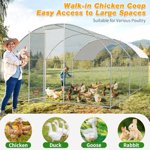 Outvita Large Metal Chicken Coop, 19.5×10FT Walk-in Poultry Cage with Waterproof & Anti-UV Round Arch Cover, Duck Rabbit Hen Cage Galvanized Mesh for Outdoor Yard Backyard and Farm - size: 234.0"L x 120.0"W x 78.0"H