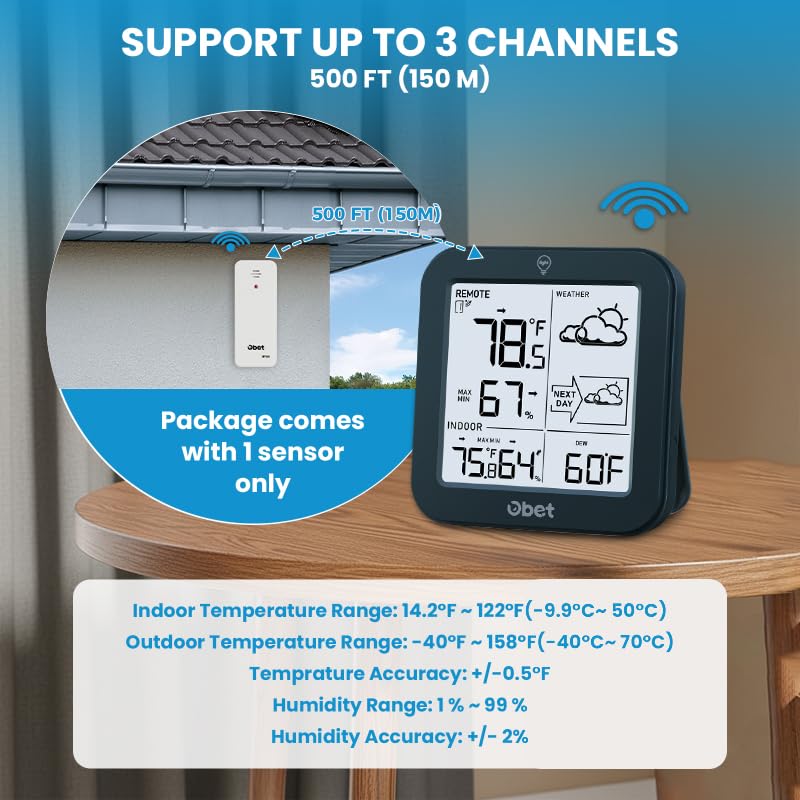 Weather Station Wireless Indoor Outdoor Thermometer, Digital Room Thermometer and Hygrometer with 500ft Range Remote Sensor, Backlight Display, Battery Operated - color: Black