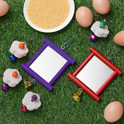 Sumind 2 Pieces Chicken Mirror Toys Hanging Swing Mirror with Bell Wooden Pecking Toy and 4 Pieces Beak Grinding Molar Stones for Hens Birds Parrots(Red,Purple) - color: Red,Purple