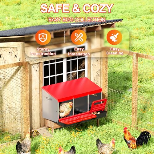 ZenxyHoC Chicken Nesting Boxes, Metal Chicken Egg Laying Box with Swing Perch and Rollout Egg Collection for Chicken Coop Red 3 Compartments - size: 3 Compartments