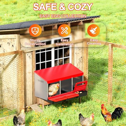 ZenxyHoC Chicken Nesting Boxes, Metal Chicken Egg Laying Box with Swing Perch and Rollout Egg Collection for Chicken Coop Red 3 Compartments - size: 3 Compartments