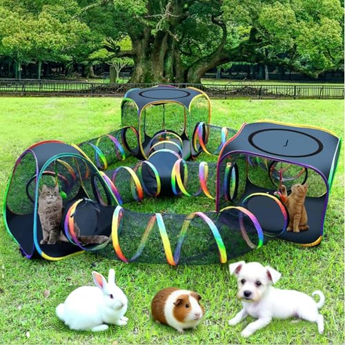 CypherX Outdoor Rainbow Cat Enclosure, 7 in 1 Portable Cat Tents for Outside Cage Free Outside Pop up Pet Enclosure Cat Tunnel Outdoor Playground for Indoor Cats and Small Animals - size: 7 in1 Maze(9.8"W)