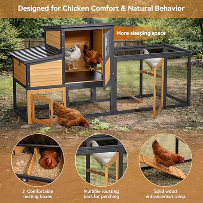 PETSFIT Wooden Chicken Coop for 2-4 Chickens, Backyard Coop with Run, 2 Nesting Boxes and 2 Roost Bars,PVC Windows, Easy-Clean 3-Door Access,Weather-Resistant PVC Roof, 6 Ground Stakes - color: Brown