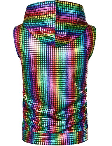ZEROYAA Mens Shiny Metallic Zip Up Sleeveless Hooded Vest T Shirt with Kangaroo Pocket - color: Multicolour Sequin, size: Medium