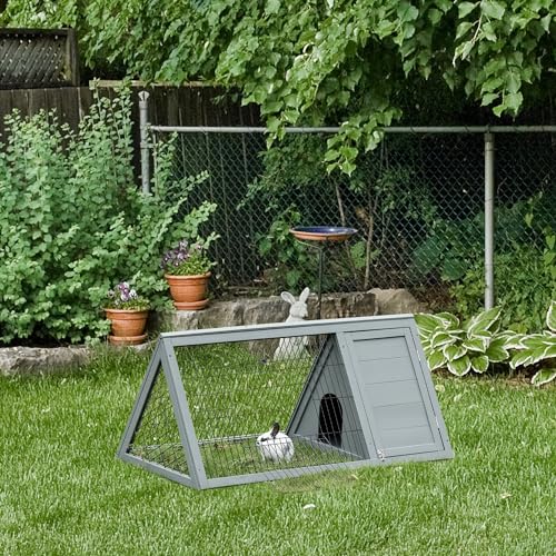 PawHut 46" x 24" Wooden A-Frame Outdoor Rabbit Hutch, Small Animal Cage, Bunny Hutch with Outside Run & Ventilating Wire, Gray - color: Gray, size: 45.8"L x 24.5"W x 20.8"H