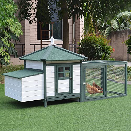 PawHut 77" Wooden Chicken Coop with Nesting Box, Cute Outdoor Hen House with Removable Tray, Ramp Run, for Garden Backyard, Green - color: Green