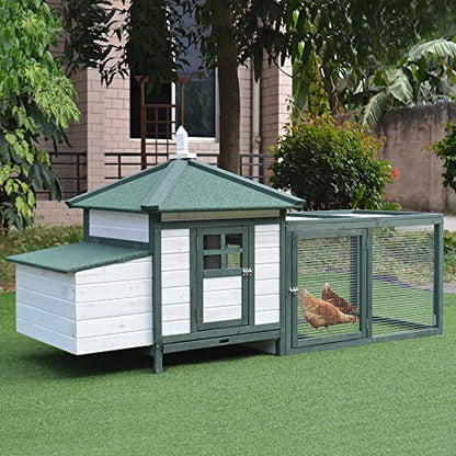 PawHut 77" Wooden Chicken Coop with Nesting Box, Cute Outdoor Hen House with Removable Tray, Ramp Run, for Garden Backyard, Green - color: Green