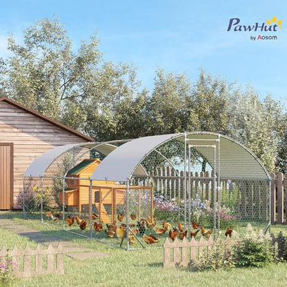 PawHut 9.2' x 24.9' x 6.5' Large Chicken Coop Metal Chicken Run with 210D Waterproof and Anti-UV Cover, Dome Shaped Walk in Fence Cage Hen House for Outdoor and Yard Farm Use, 1" Tube Diameter - size: 299.2"L x 110.2"W x 77.6"H