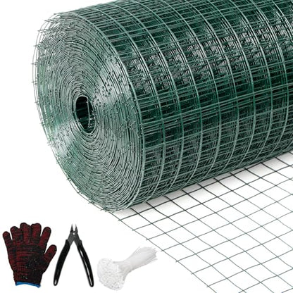 Hardware Cloth 1' 48in x 100ft Chicken Wire, Green Garden Fence, PVC Coated Metal Welded Wire Mesh for Preventing Snakes, Raccoons, Foxes, Poultry Netting - size: 1inx48inx100ft