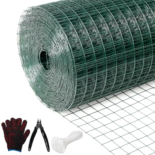 Hardware Cloth 1' 36in x 100ft Chicken Wire, Green Garden Fence, PVC Coated Metal Welded Wire Mesh for Preventing Snakes, Raccoons, Foxes, Poultry Netting - size: 1inx36inx100ft