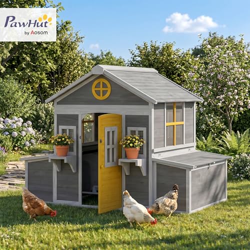 PawHut Wooden Chicken Coop, Hen House for 2-4 Hens, Outdoor Playhouse Poultry Cage with 2 Nesting Boxes, Waterproof Roof, Windows, Chicken Hutch for Farm Backyard, 72" x 50" x 54", Gray - color: Gray