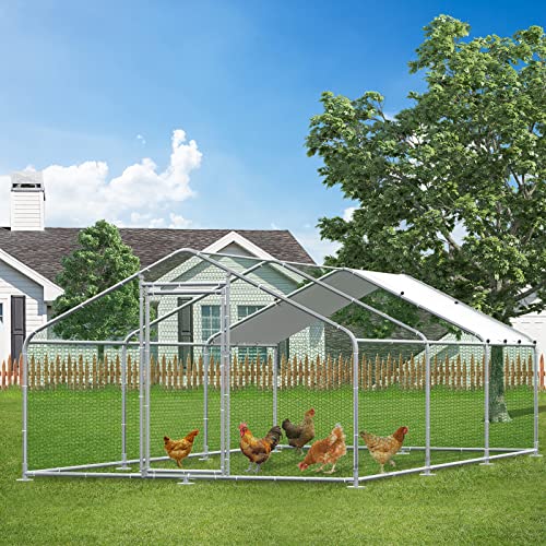 MEETWARM Large Metal Chicken Coop Run, Walk-in Enclosure Poultry Hen Run House, Spire Shaped Chicken Pen with Waterproof & Anti-UV Cover for Outdoor Farm Use(9.8' L x 19.68' W x 6.56' H) - color: 9.8' L x 19.68' W x 6.56' H