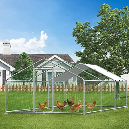 MEETWARM Large Metal Chicken Coop Run, Walk-in Enclosure Poultry Hen Run House, Spire Shaped Chicken Pen with Waterproof & Anti-UV Cover for Outdoor Farm Use(9.8' L x 19.68' W x 6.56' H) - color: 9.8' L x 19.68' W x 6.56' H