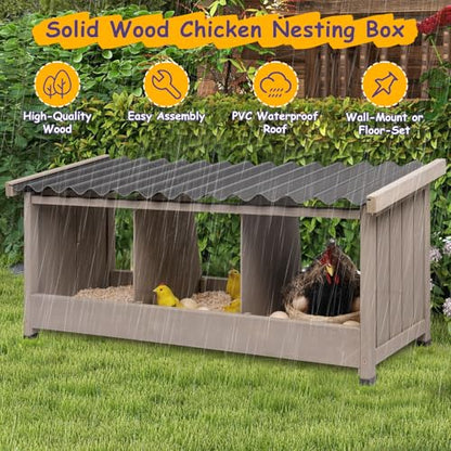 ketive Chicken Nesting Box, Wall-Mounted Wooden Chicken Coop Accessories with PVC Roofing, 3 Compartments for Hens & Ducks Outdoor or Indoor Use