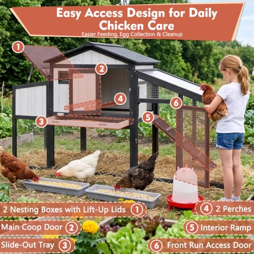 Ketive Chicken Coop with Run, Wooden Outdoor Hen House with 2 Nesting Boxes | Small Backyard Hen House for 1-2 with Predator-Proof Iron Mesh, 2 Perches, Pull-Out Tray, Expandable,Weatherproof Roof,65.3"L - size: 65.3"L x 26.0"W x 39.2"H