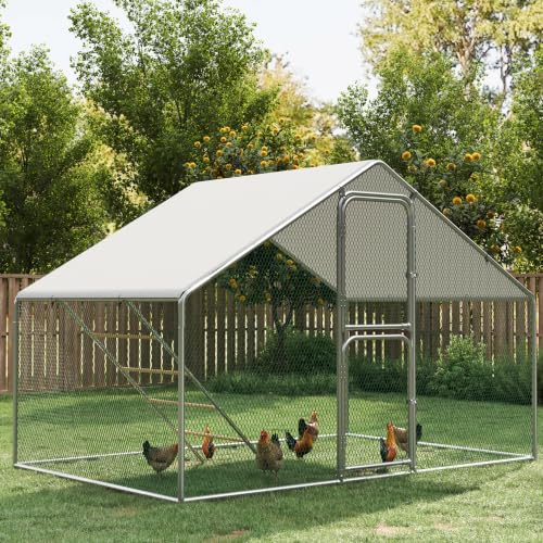 Metal Chicken Coops Walk-in Chicken Run with Waterproof Hardware Cloth Cover Poultry Cage with Split Double Door - color: Silver, size: 6.5'L × 9.8'W × 6.5'H