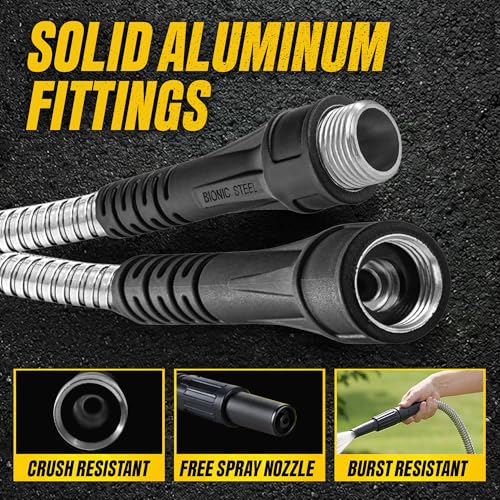 BIONIC STEEL 50 Ft Metal Garden Hose with Sprayer Nozzle, Non Kinking Designed Stainless Steel Heavy Duty Water Hose 50Ft x 5/8 in. Ultra Flexible NON Expandable for Uninterrupted Water Flow, 500 PSI - size: 50'