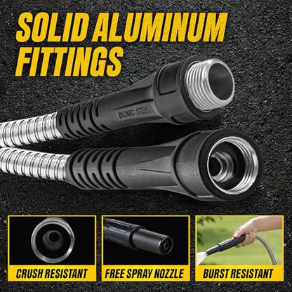 BIONIC STEEL 50 Ft Metal Garden Hose with Sprayer Nozzle, Non Kinking Designed Stainless Steel Heavy Duty Water Hose 50Ft x 5/8 in. Ultra Flexible NON Expandable for Uninterrupted Water Flow, 500 PSI - size: 50'
