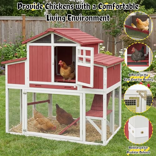 Large Chicken Coop with 4 Nesting Boxes for 4-6 Hens, Wooden Outdoor Hen House Chicken Tractor with Pull-Out Tray, 3 Perches, Expandable Backyard Chicken Run - size: 53.0"L x 35.0"W x 53.0"H