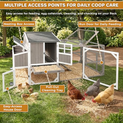 Large 95.3 in Outdoor Chicken Coop with Run & Wheels for 3-6 Chickens | Wooden coop with 3-compartment nesting box, 2 dividers, pull-out tray, UV-resistant roof, predator-resistant wire mesh