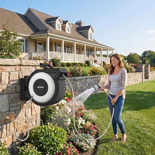 Tuyeho 5/8" Heavy-Duty Auto Retractable Garden Hose Reel 90FT Wall Mount | Automatic Rewind, Any Length Lock, 2 Nozzle, Rustproof, Easy Install, Garden Watering, Car Wash, Pet Shower, Lifetime Service - size: 5/8" 90FT