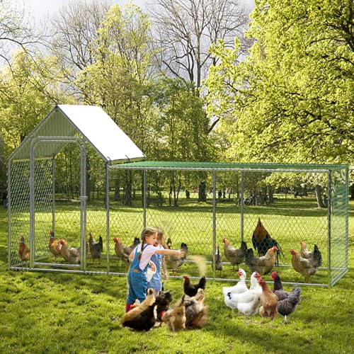 Large Metal Chicken Coop, Chicken Run with Cover, Walk-in Poultry Cage for Yard Outdoor Duck Rabbit Cage