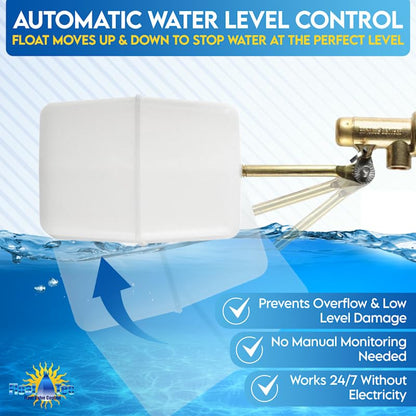 FT150B Made In USA 3/8″ Auto Fill Float Valve – Automatic Water Level Control for Pool & Water Tank – Fits 8″ Canister – Wingnut Adjustment, 3″ Arm, 2.25 GPM, 125 PSI – Pool & Spa Autofill Valve