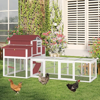 Gowoodhut 115.36" L 2-Story Chicken Coop with Extra Run Cage,Chicken House Hen House with 2 Large Nesting Boxes,Expandable Poultry Cage for 4-6 Chicken with 4 Perching Bars,Pull-Out Tray,Ramps(RED) - size: PET85+Extra Run Cage-Red