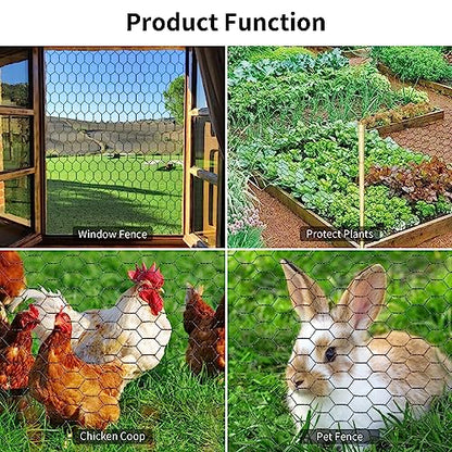 Chicken Wire 15.7 in x 237 in Poultry Wire Netting Hexagonal Galvanized Mesh Garden Fence Barrier for Pet Rabbit Chicken Fencing with 100 Pcs Cable Zip Ties(PVC-Coated) - color: Black, size: 15.7"x237"+100Ties