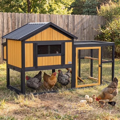 PETSFIT Wooden Chicken Coop with 71" Run for 4-6 Chickens, Predator-Proof Backyard Hen House with 6 Ground Anchors, 3 Nesting Boxes, 3 Perches & Chicken Swing, Waterproof PVC Roof, 3-Door Easy Clean - color: Brown + Vertical Stripes