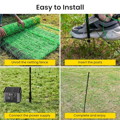 Electric Fence Netting, 164'L x 35.4" H Movable Livestock Nets for Sheep, Hogs, Cattle, PE Net Fencing Kit with 14 Posts Double Spiked, Electric Fencing for Backyards, Homesteaders, Farms Ranches - size: 164'L x 35.4" H